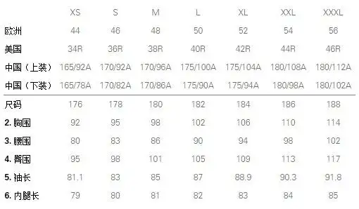 hugo boss官网尺码表如下