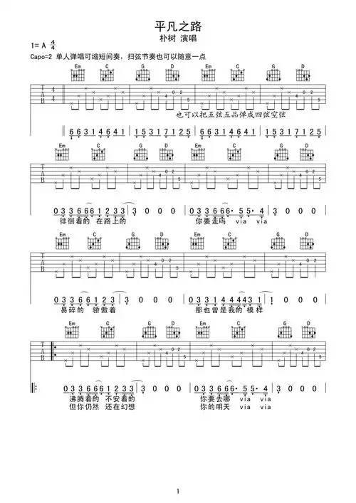 朴树《平凡之路》吉他谱_g调吉他弹唱谱第1张