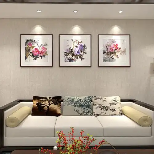 富贵牡丹花鸟国画新中式客厅装饰画沙发背景墙挂画三联餐厅壁画