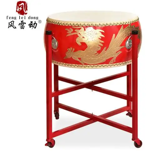 风雷动16寸扁鼓牛皮大鼓中国红鼓儿童演出龙鼓扁鼓锣鼓乐器堂鼓参数