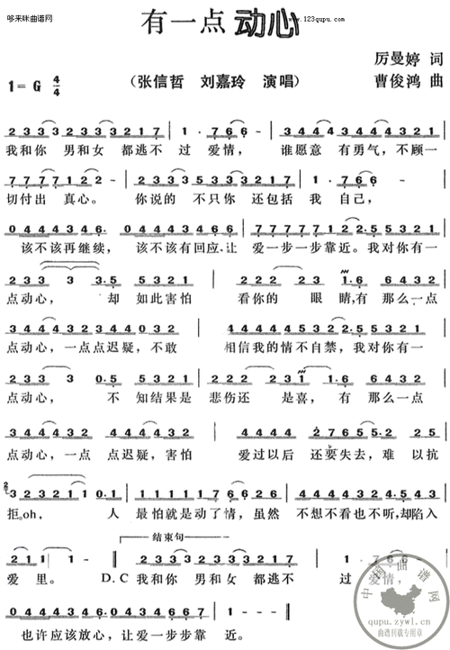 有一点动心(张信哲演唱)-通俗曲谱- 曲谱 简谱 歌谱 琴谱 总谱 音乐