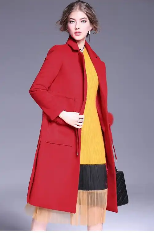 欧美 冬季风衣女装大气翻领兔毛口袋抽绳修身红色毛呢外套y125