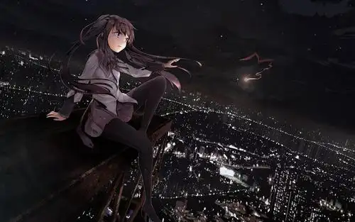 坐在天台上看城市风景的动漫女孩_动漫壁纸_3g壁纸