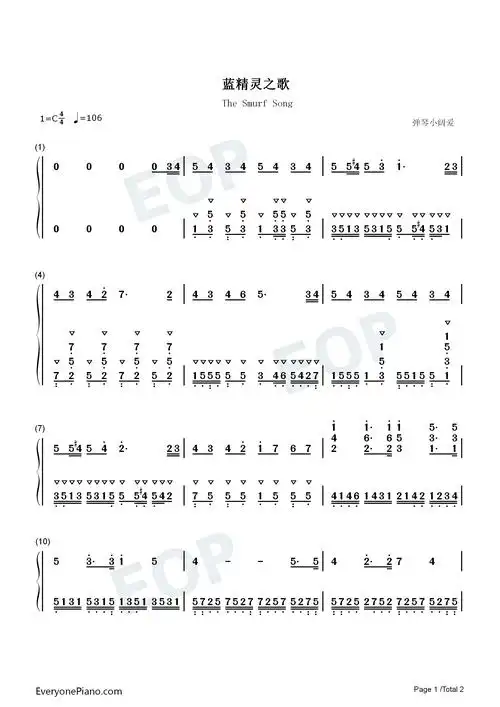 蓝精灵之歌(动画《蓝精灵》主题曲)-钢琴谱文件(五线谱,双手简谱,数字