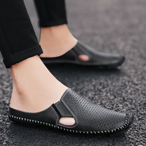 新品2021春夏男鞋透气男士豆豆鞋休闲皮鞋真皮拖鞋子男生凉鞋凉拖