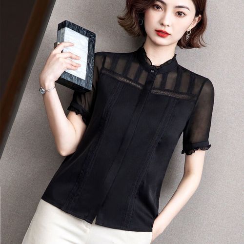 蓝骏启2024夏装短袖蕾丝衬衣黑色立领雪纺衫女上衣衬衫洋气小衫潮