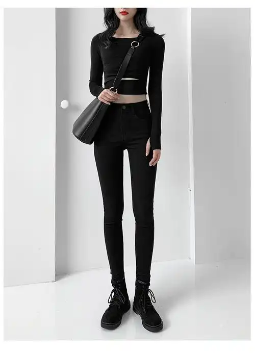 拉夏贝尔高端轻奢烟灰色牛仔裤女九分紧身小脚裤加绒2022年春季秋新款