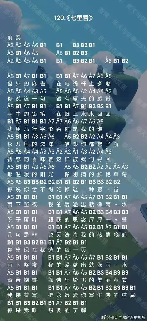 光遇七里香钢琴谱-七里香钢琴竖琴谱子分享-燕鹿手游网