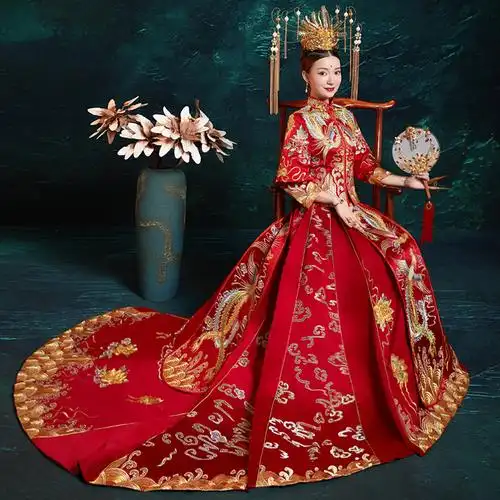 秀禾服新娘2019新款夏季中式婚纱礼服敬酒服凤冠霞帔结婚古装拖尾