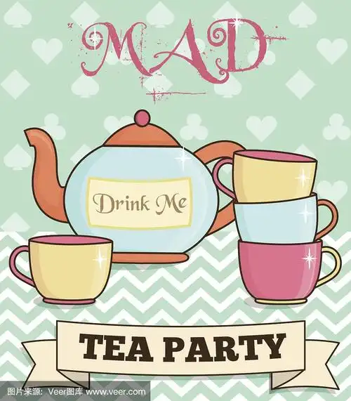 可爱的,绘画插图,茶话会,爱丽丝梦游仙境,女王卡