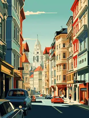 彩色城市建筑街景风景光影插画4