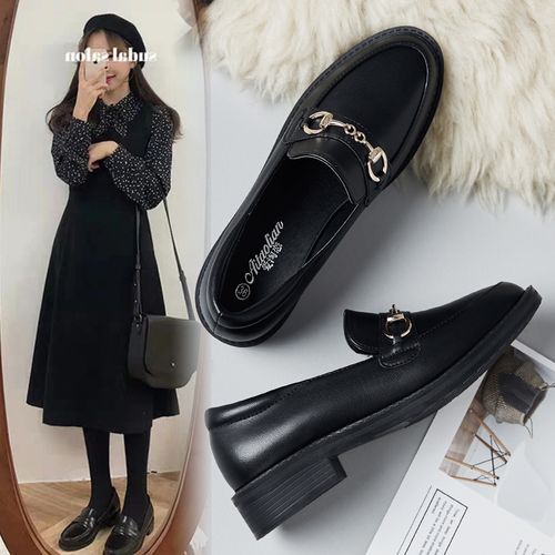 真皮小皮鞋女秋冬英伦风黑色工作软底小黑职业冬季加绒平底豆豆鞋