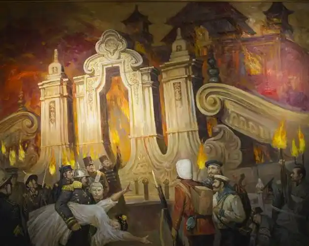 火烧圆明园油画五,英法联军火烧圆明园圆明园又称圆明三园,是清朝一座
