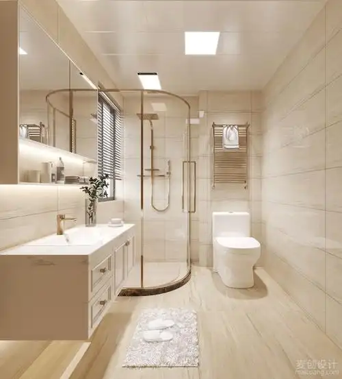 卫生间装修设计效果图卫生间整体色调暖暖的,在选择瓷砖上以暖色为