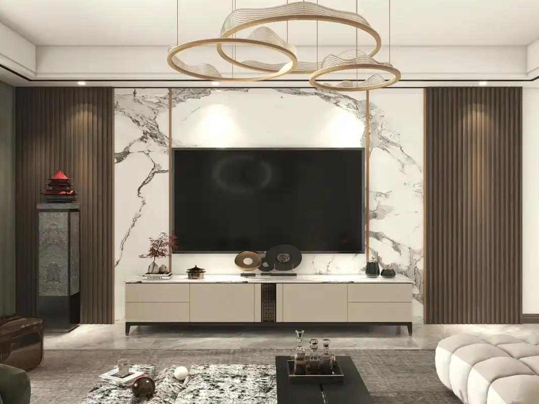 客厅:客厅电视背景墙采用木饰 - 抖音