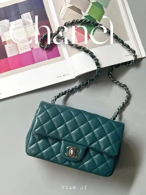 chanel香奈儿cf大mini墨绿荔枝皮