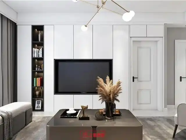 电视墙背景墙嵌入设计,洁白背景与卧室门同一平面,留出小部分收纳区域