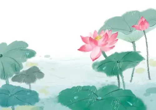 夏日雨天荷花荷叶手绘水彩插画