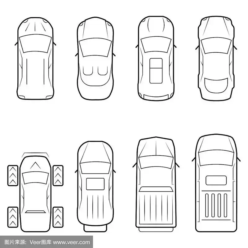 汽车图标设置在细线风格,俯视图