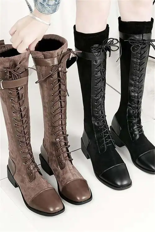 真软皮粗跟长筒长靴女及膝靴秋冬新款骑士靴女皮靴高筒机车靴子