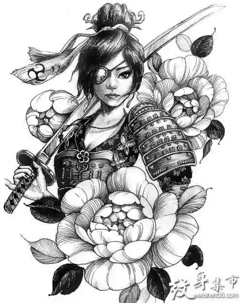 素花女武士艺伎纹身素花女武士纹身手稿图案大全