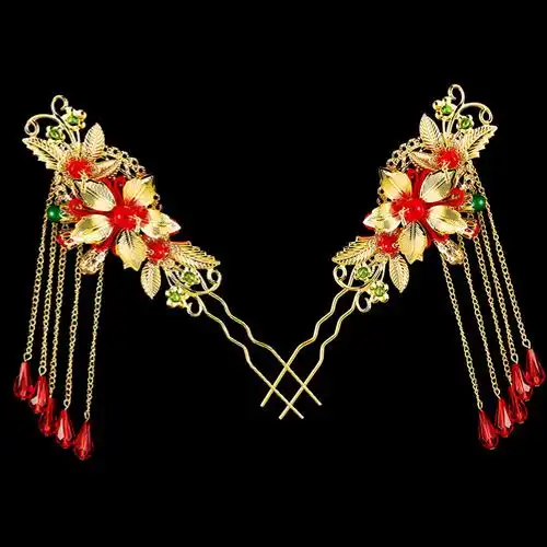 新娘头饰古装发梳复古中式红色珍珠结婚秀禾服步摇头饰凤冠饰品 - 汇