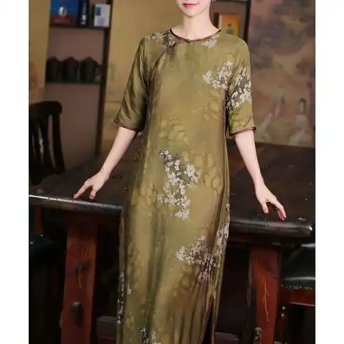 旗袍夏季新款中国国风连衣裙原创复古无领开襟旗袍