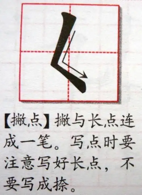 (2)在田字格上书写笔画"撇点",注意书写时的占格要规范哦!