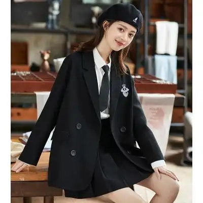 唐狮01春秋新款西装套装女黑色洋气外套学生学院风百褶裙两件套