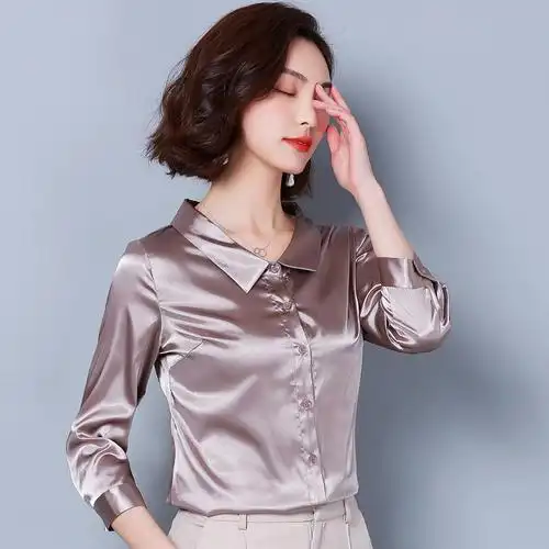 真丝衬衫女长袖2019春秋新款时尚气质绸缎面衬衣职业装桑蚕丝上衣