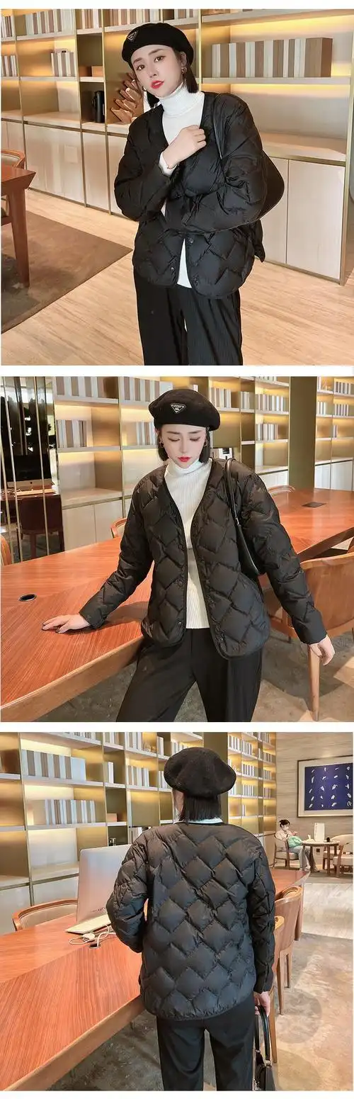 拉夏贝尔羽绒服女新款休闲茄克轻薄羽绒服款短款轻型无领v领内胆外套