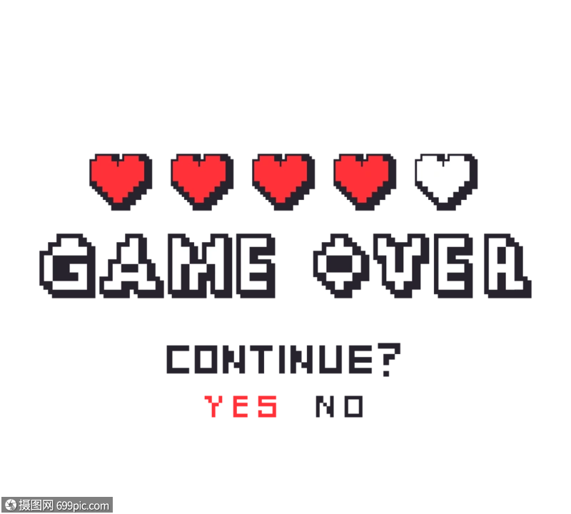 黑色像素风gameover继续游戏红心元素界面生命条
