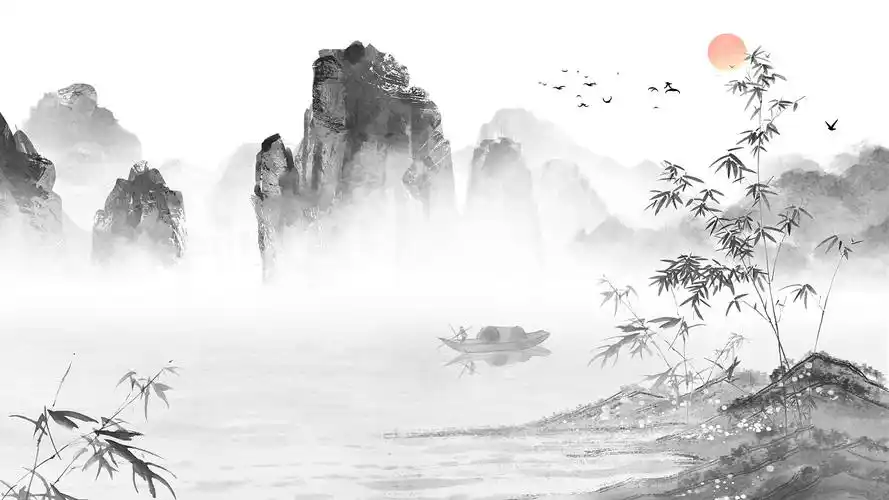 中国风竹子黑白国画水墨山水远山墙背景插画古风中国风唯美山水水墨