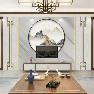 新中式电视背景墙壁纸自粘客厅3d立体影视墙纸微晶烤瓷壁画布