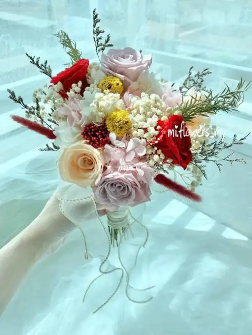中式永生玫瑰69新娘手捧花