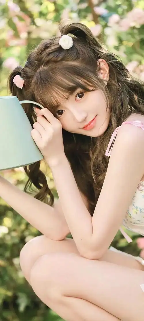 蹲在地上拿水壶浇花的小甜甜美女手机壁纸