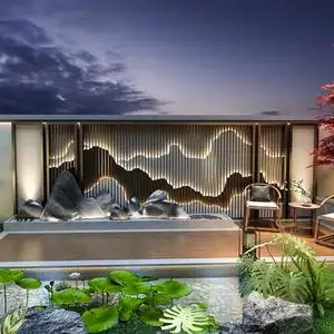 新中式不锈钢屏风隔断别墅户外庭院玄关格栅假山水金属背景墙定制