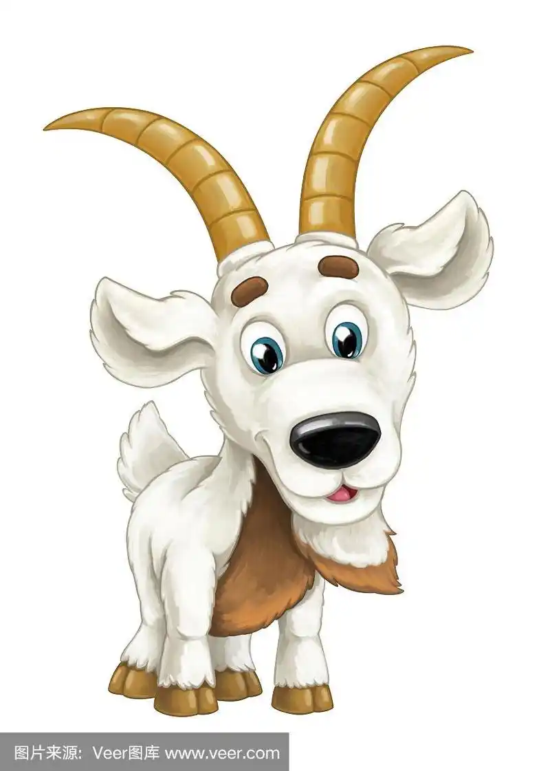 卡通快乐友好的角山羊有乐趣看和微笑