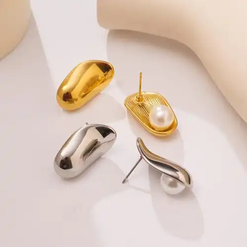 欧美热卖ins风18k镀金不锈钢几何夸张光面耳环小众气质珍珠耳钉