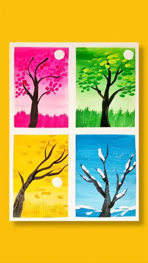 春夏秋冬创意儿童水粉画渐变色太美啦