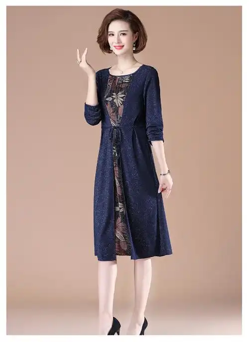 珺纤*中年女装阔太太春装假两件长袖连衣裙中长款40岁50岁妈妈装中