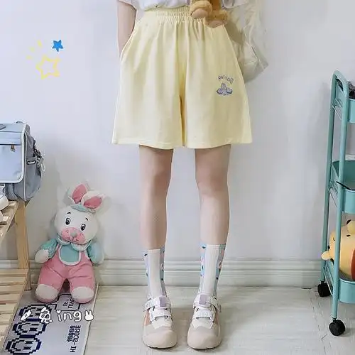 短裤糖果色印花休闲阔腿裤女中学生少女百搭运动裤五分裤可爱 - 17网