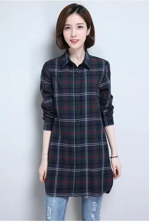 恒源祥2018新款秋季女士棉衬衫格子短款衬衣修身长袖方领女打底衫