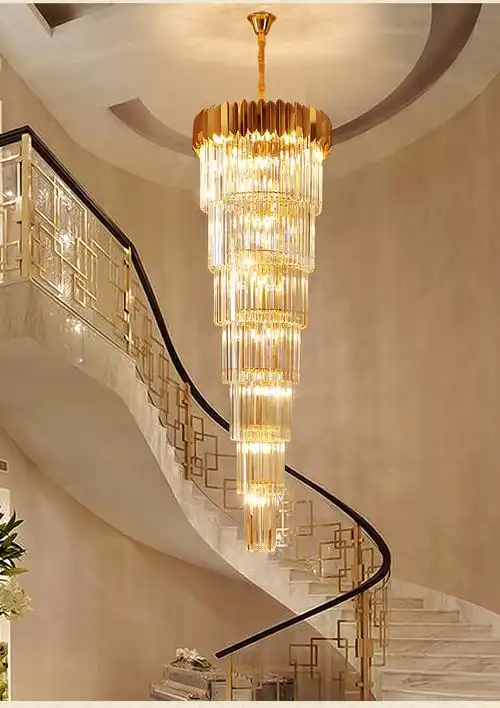 复式楼水晶客厅大吊灯大厅灯现代简约豪华大气中空楼梯别墅长吊灯