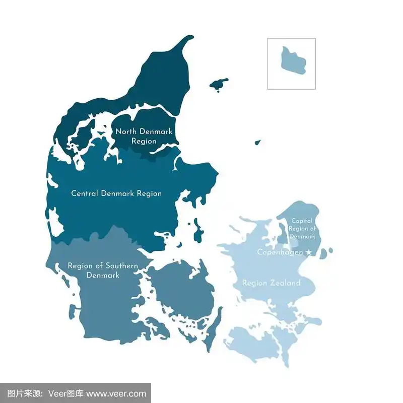 丹麦简化行政地图矢量孤立插图.地区的边界和名称.