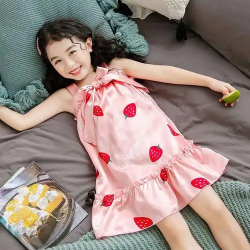女童睡衣夏宝宝吊带儿童睡裙可爱公主冰丝小女孩中大童母女家居服臻依