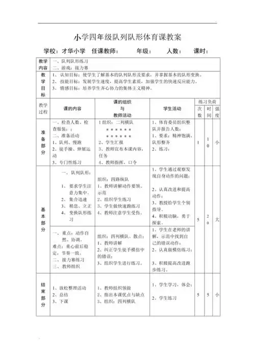 小学四年级队列队形体育课教案