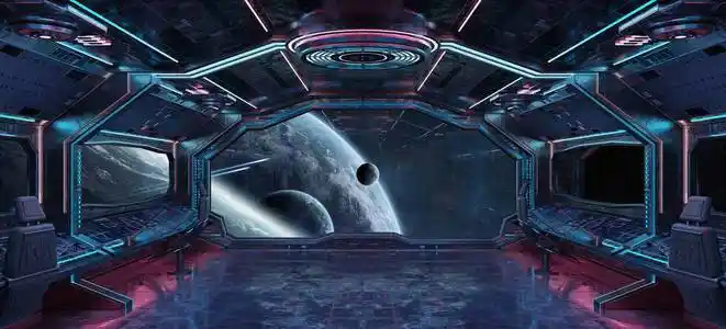 蓝色和粉红色宇宙飞船内部,可以看到遥远的行星系统,3d渲染元素,这幅