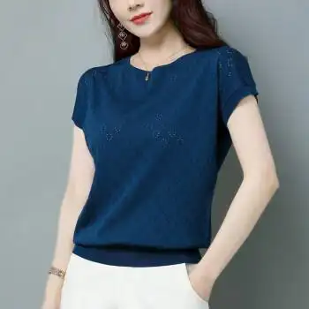 减龄短袖女镂空宽松显瘦时尚针织体恤衫57203深蓝l建议105115斤左右
