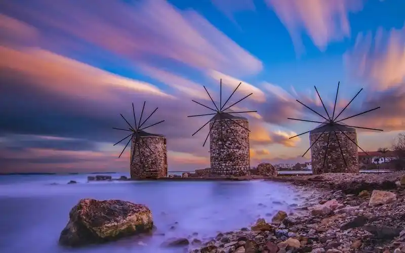 壁纸 风车,海岸,夜晚